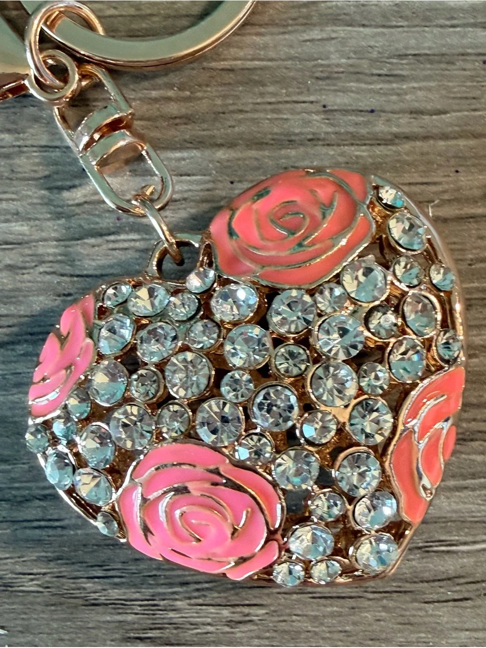 Heart Crystal Keychain with Pink Rose Accents